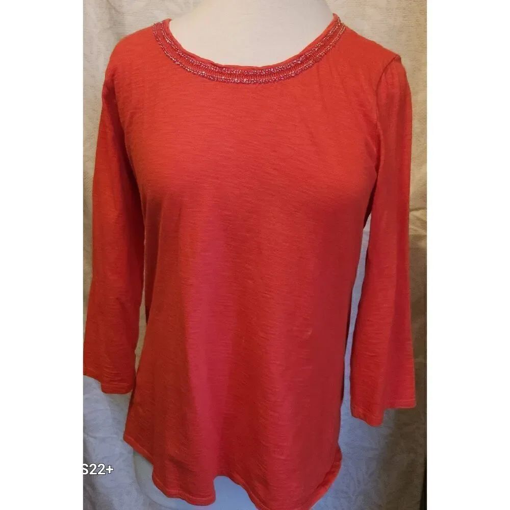 T35 Coldwater Creek Fall Orange Tee w/Sparkly beads at neckline Autumn